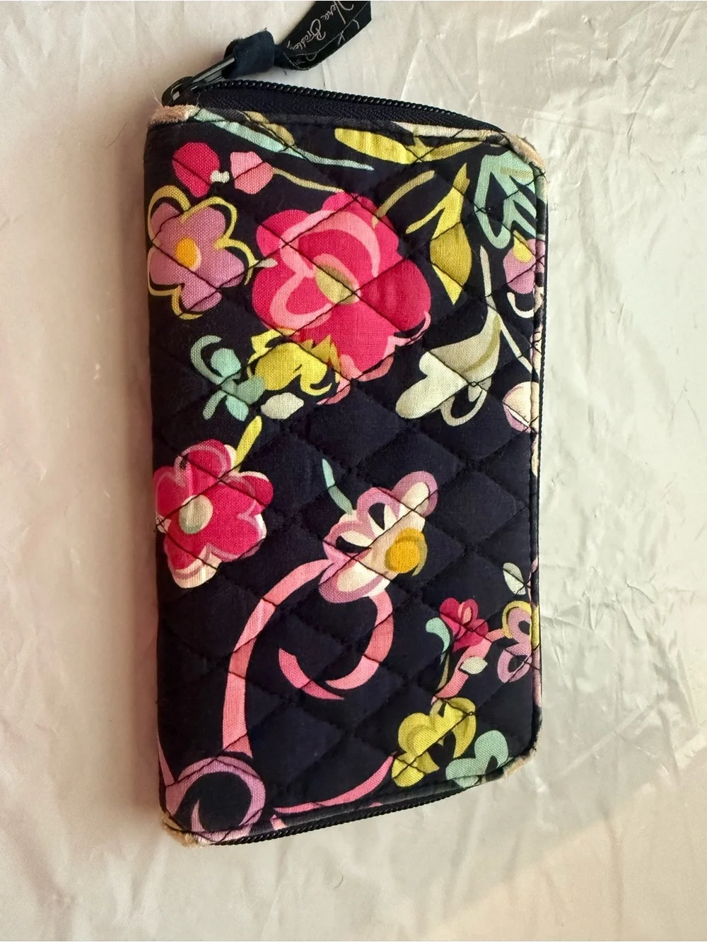 Vera Bradley Navy Floral Quilted Zip Wallet with Pink & Yellow Flowers